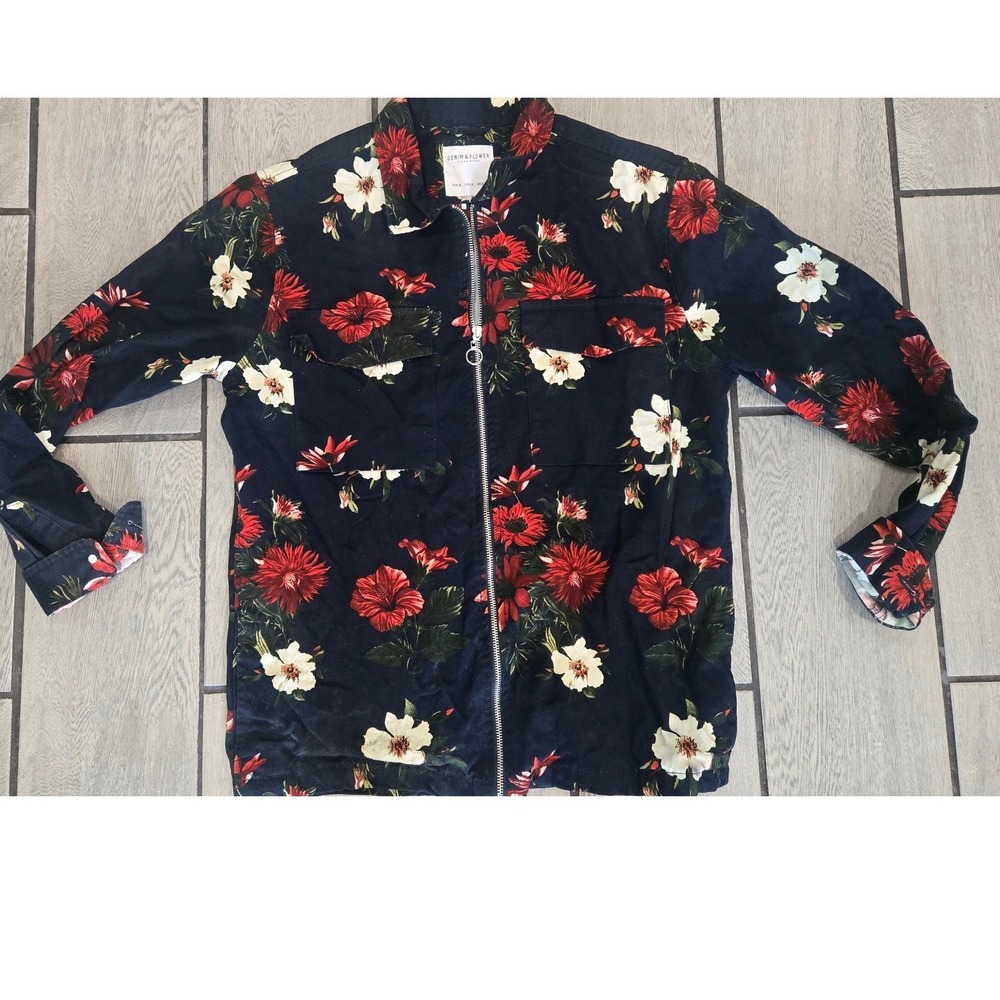 Denim & Flower Ricky Singh Navy Floral Full Zip Jacket Hibiscus Print Med